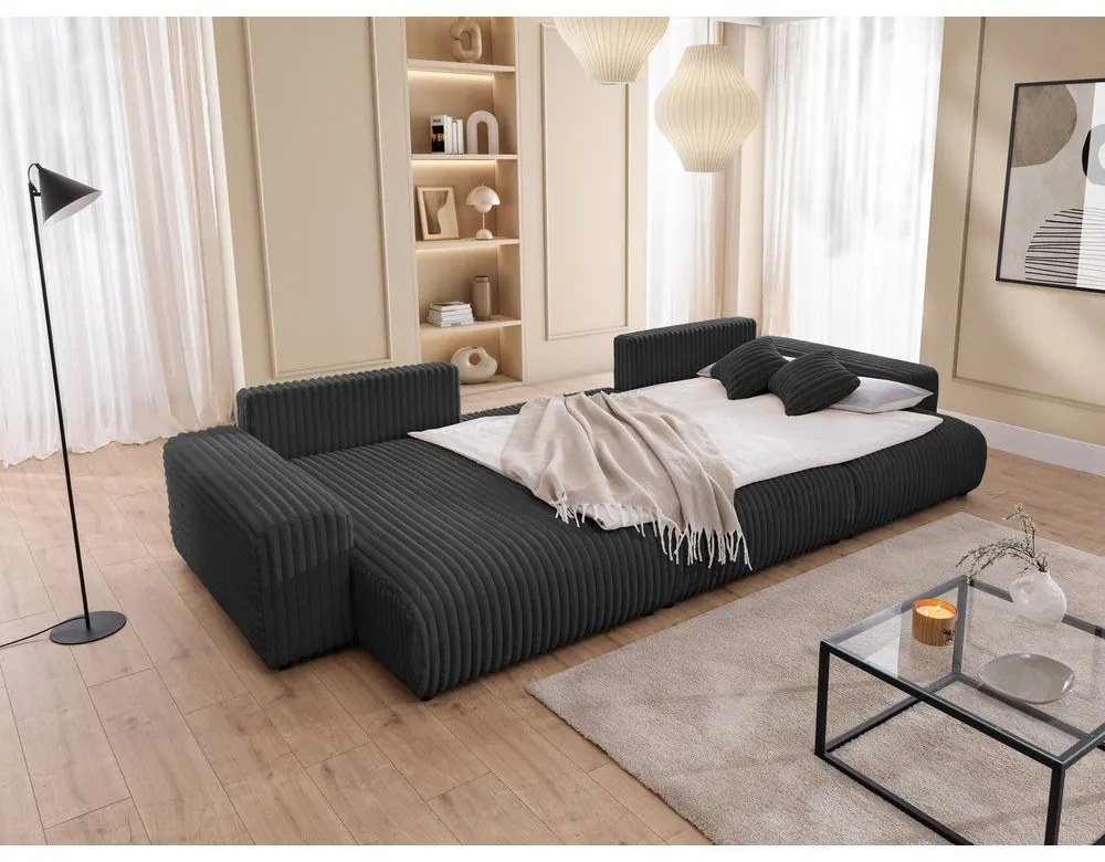 Sötétszürke kordbársony kinyitható-tárolóhelyes sarokkanapé (U alakú) Sarina – Ropez