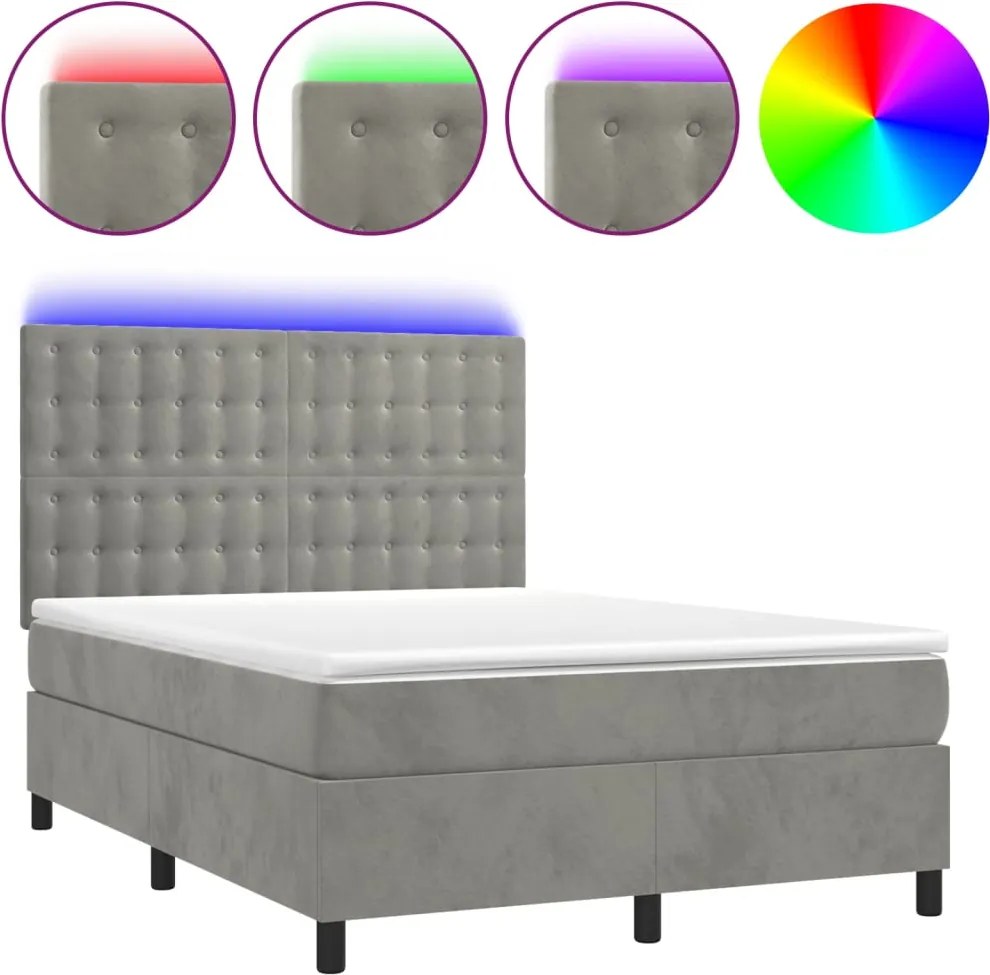 vidaXL világosszürke bársony rugós és LED-es ágy matraccal 140x190 cm