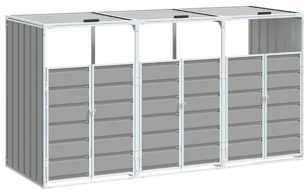 szürke acél kerekes szemetes tároló 3 szemeteskukához 216 x 81 x 115 cm