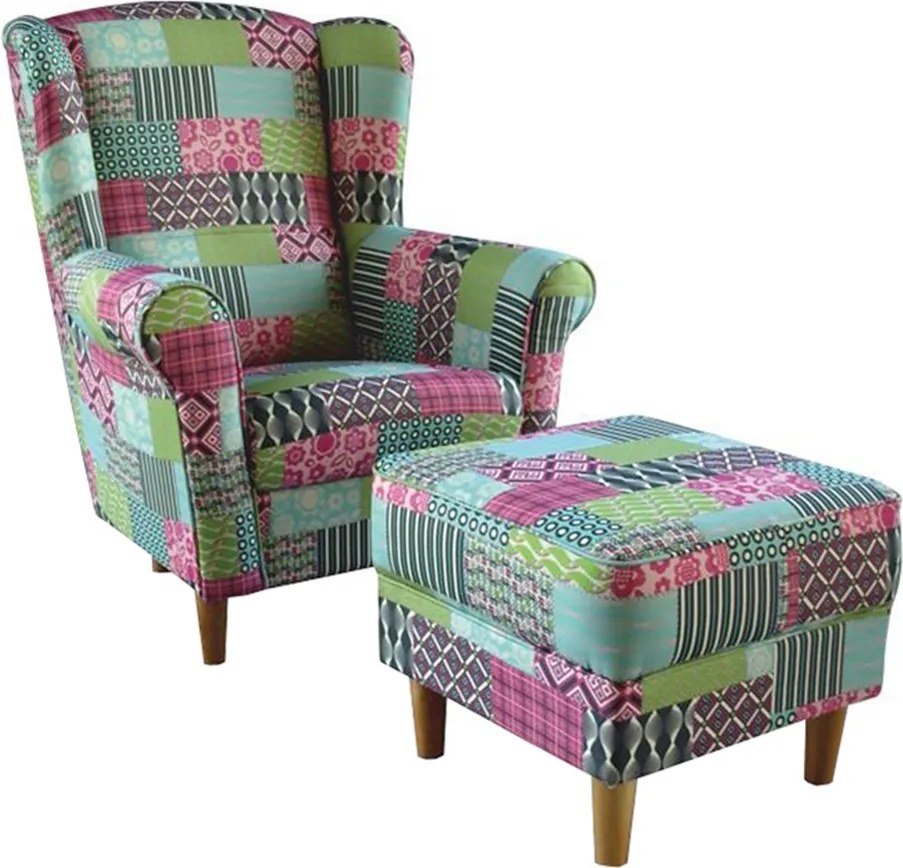 füles fotel puffal, szövet patchwork M1, ASTRID