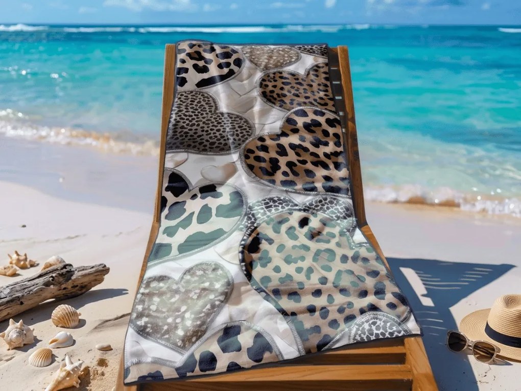 Gyorsan száradó strand fürdőlepedő LEOPARD HEARTS barna-fehér 70 x 140 cm, 100% mikroszál