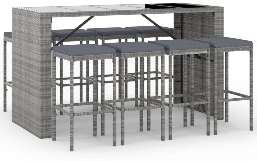 9 részes szürke polyrattan kerti bárszett párnával