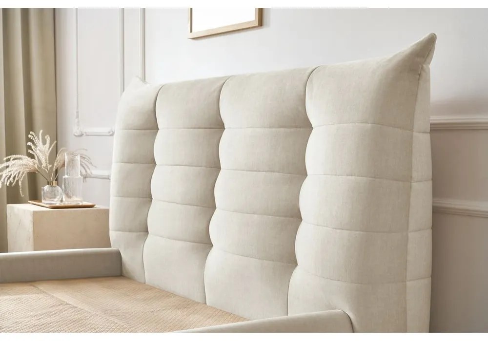 Bézs kárpitozott franciaágy tárolóhellyel, ágyráccsal 160x200 cm Clothilde – Bobochic Paris