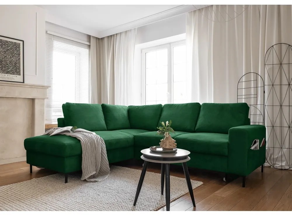 Sötétzöld kordbársony kinyitható sarokkanapé (bal oldali) Lofty Lilly – Miuform