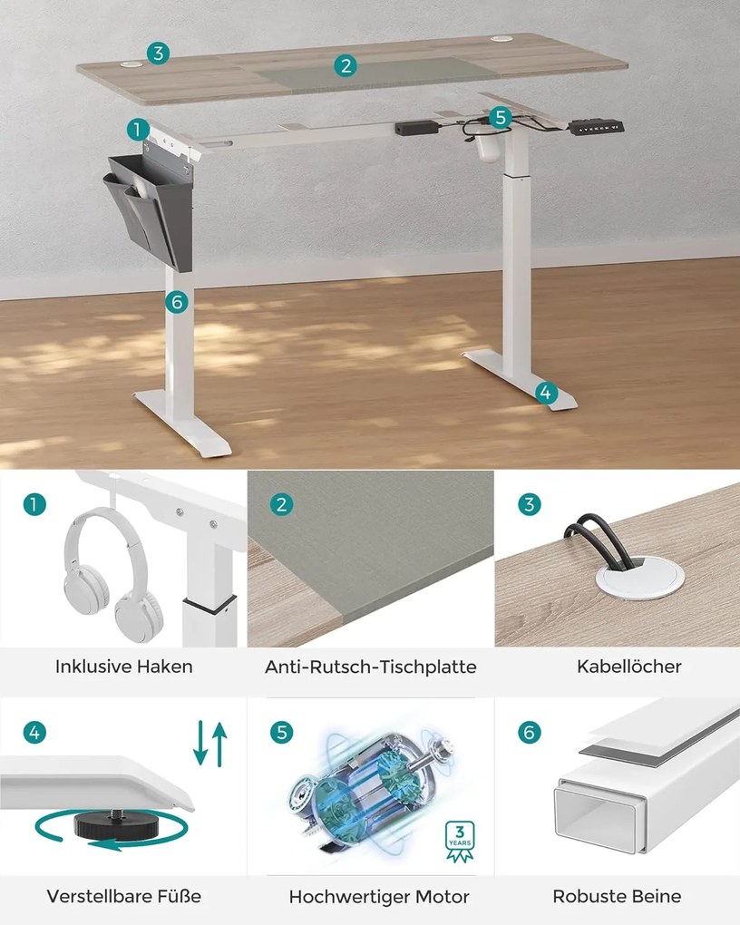 Állítható magasságú elektromos íróasztal memória funkcióval 60x140 cm, fehér-greige