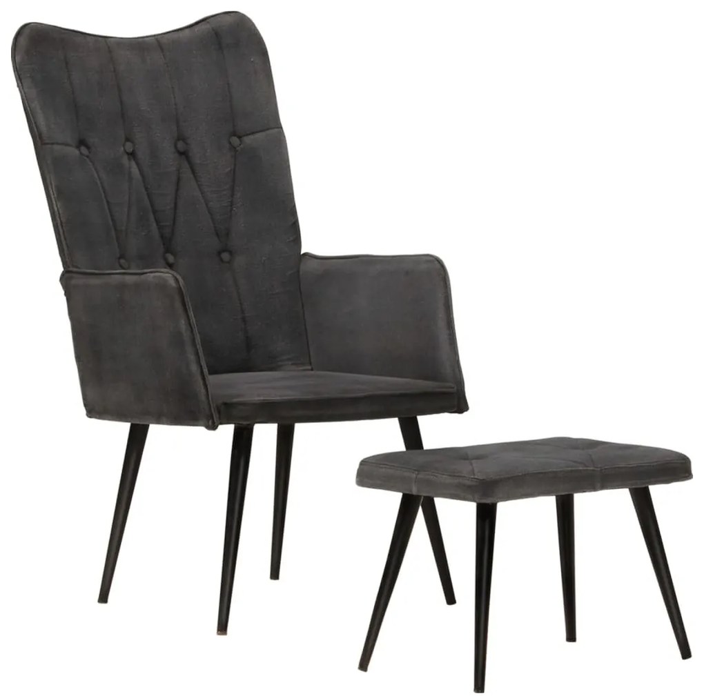 Fekete vintage vászon szárnyas szék lábtartóval