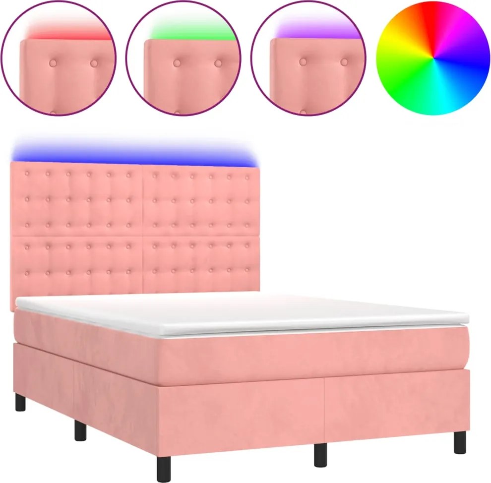 vidaXL rózsaszín bársony rugós és LED-es ágy matraccal 140x190 cm