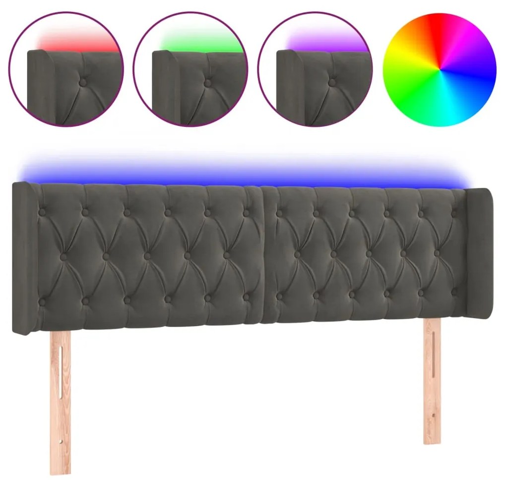 sötétszürke bársony LED-es fejtámla 147 x 16 x 78/88 cm