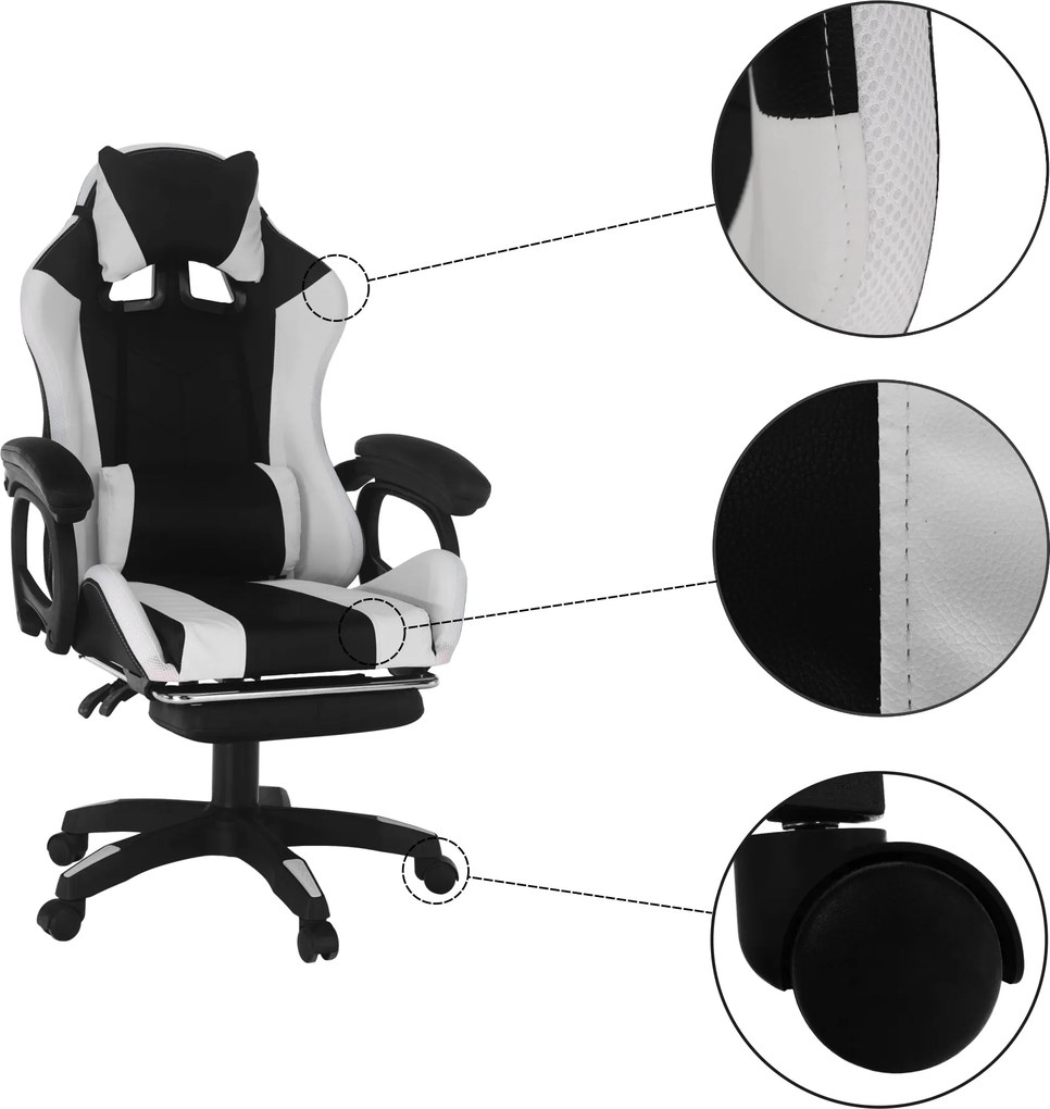 Irodai/gamer szék RGB LED világítással, fekete/fehér, JOVELA