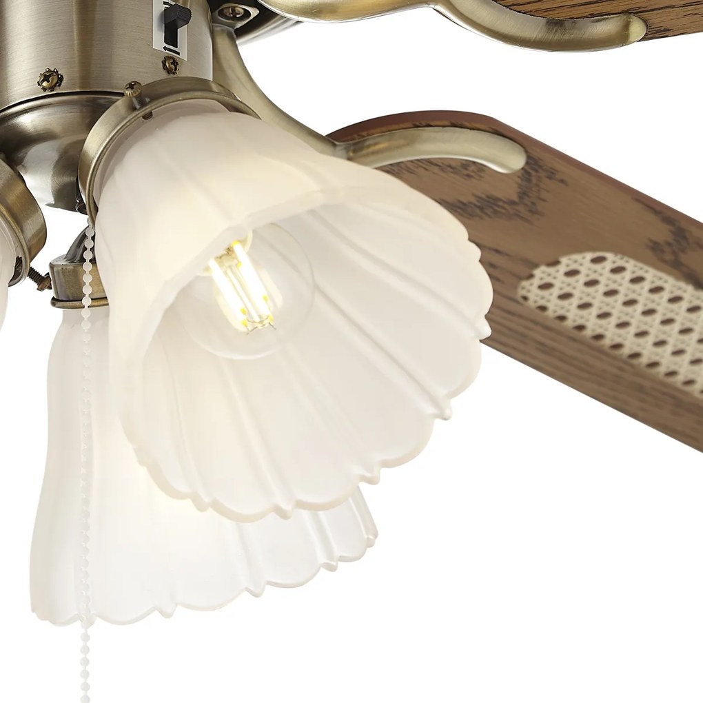 Mennyezeti ventilátor sárgaréz fa mintázattal és rattannal 105 cm húzókapcsolóval - Mistral Lia