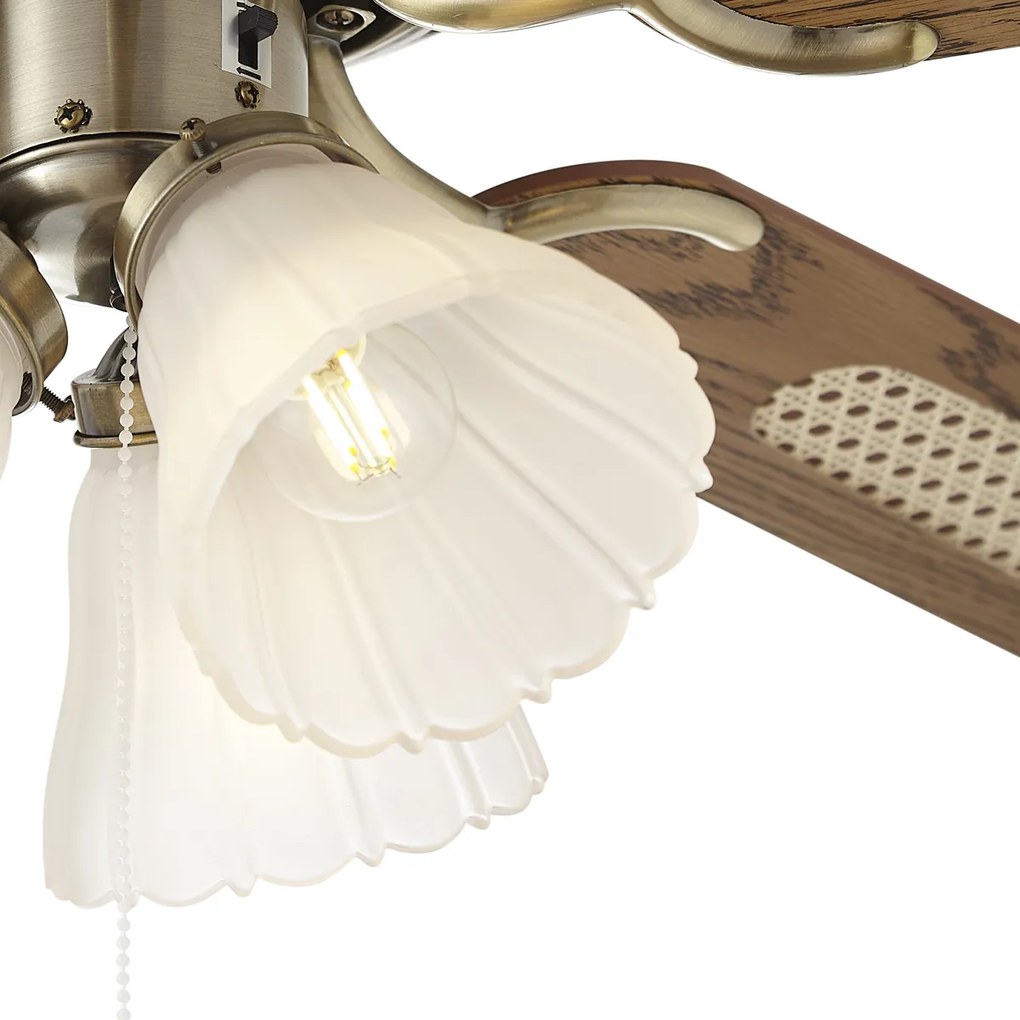 Sárgaréz mennyezeti ventilátor fa mintával és rattan 105cm húzókapcsolóval - Mistral Lia