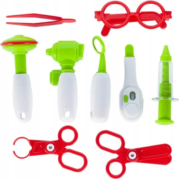 Gyermek orvosi készlet, fogantyús bőrönddel, hordozószíjjal, 12 kiegészítővel, többszínű