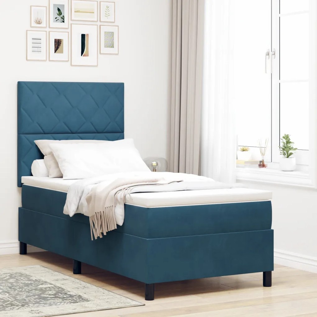 Boxspring Ágy Mattal & LED Sötétkék 90x200 cm Bársony