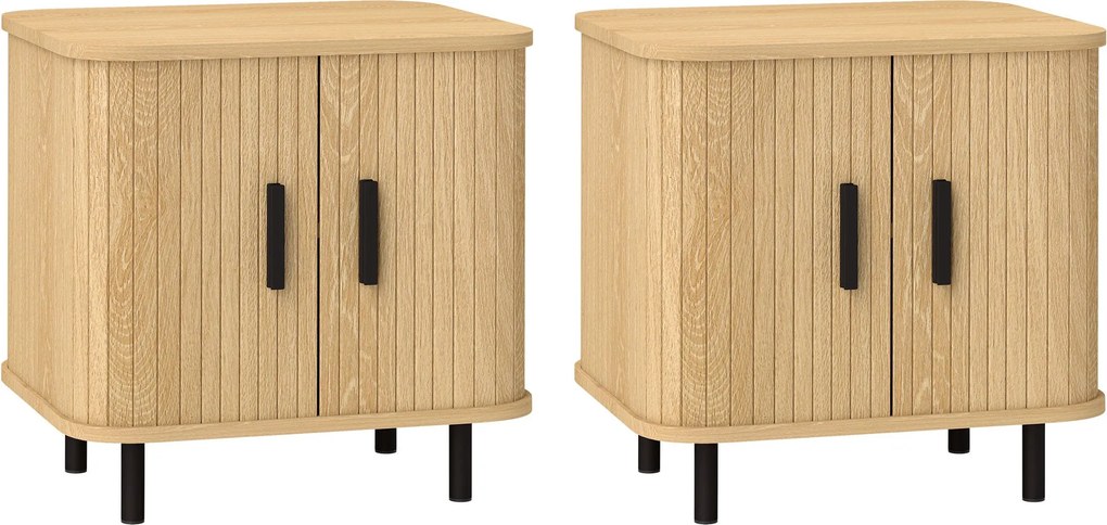 HOMCOM 2 db Éjjeliszekrény Csúszóajtókkal, 2 Polccal és Acél Lábakkal, Skandináv Stílus, 48x40x48 cm Tölgy | Aosom