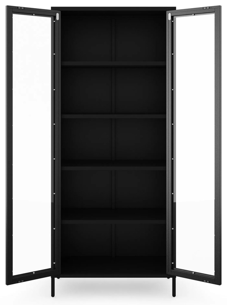 ANGELO üveges vitrin nappaliba – fekete fém, 800 x 1850 x 450 mm