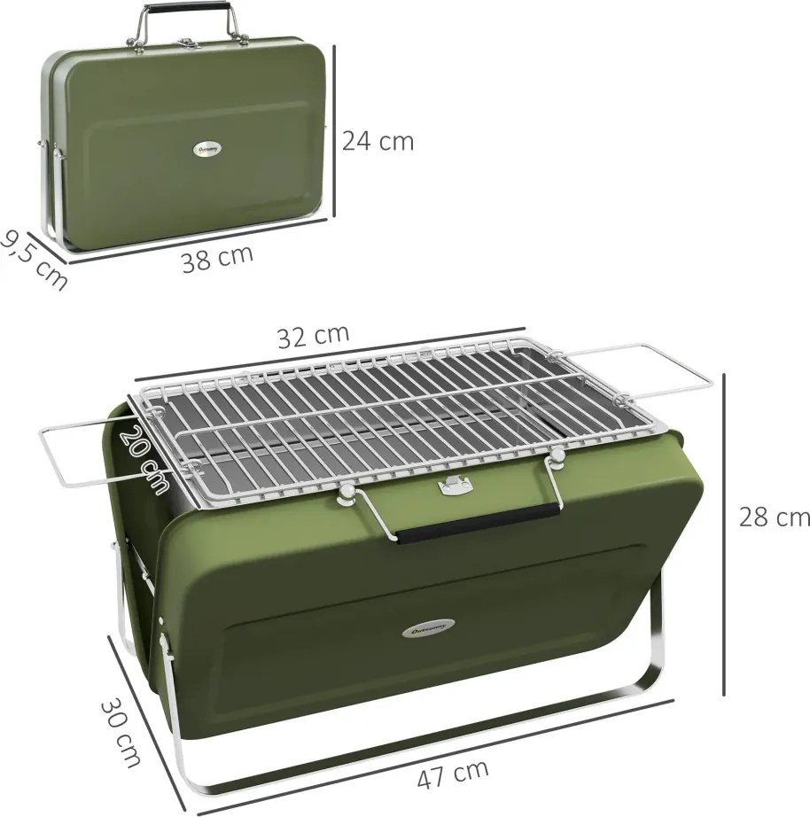Outsunny Hordozható faszenes grill, mini faszenes grill, összecsukható, faszenes tálcával és hamutartóval, fém ház, zöld