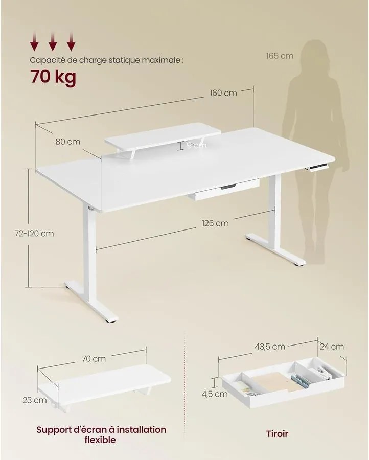 Magasságállítható íróasztal, 160 x 80 cm, fehér