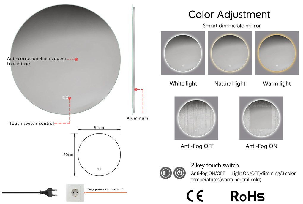 Erga Sofia, kerek LED tükör 90cm páramentes fűtőbetéttel, ERG-V01-207-9090