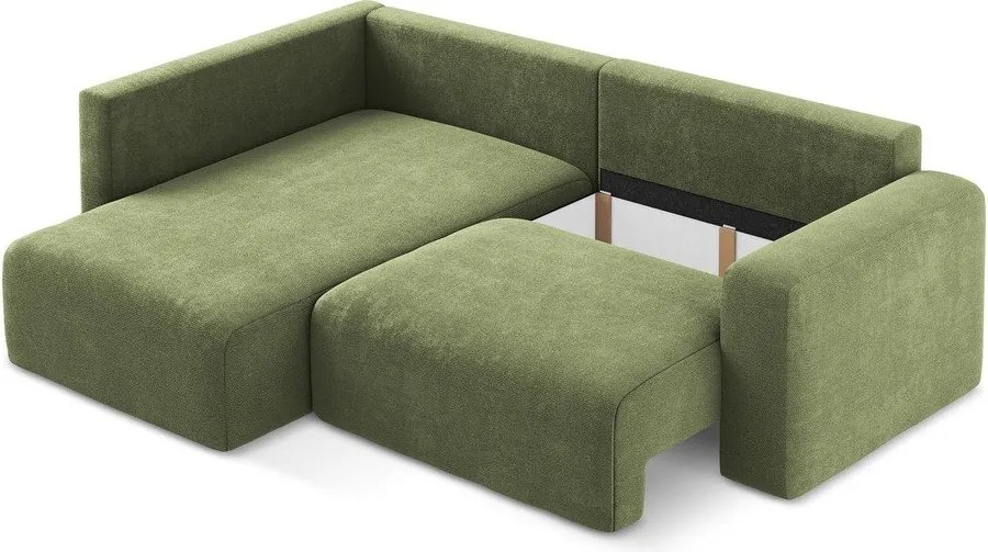 Zöld zsenília kinyitható-tárolóhelyes sarokkanapé (bal oldali-L alakú) Kona – Makamii