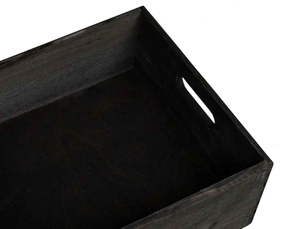 Fa doboz fogantyúkkal fekete 40x30x13 cm tömör fa fenyő