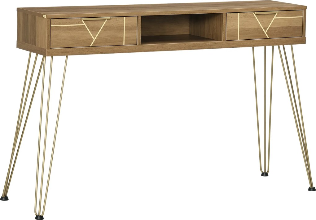 HOMCOM Konsollap Tablo Előszobai Asztal 2 Fiókkal, Nyitott Polccal és Acél Lábakkal, Modern Stílus 120x29x79 cm Bronz | Aosom