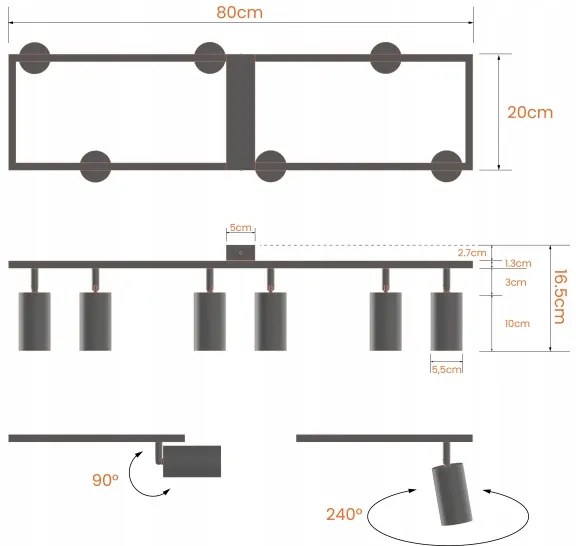6 foglalatos GU10 spotlámpatest, max. 30 W/izzó, 230 V, fehér