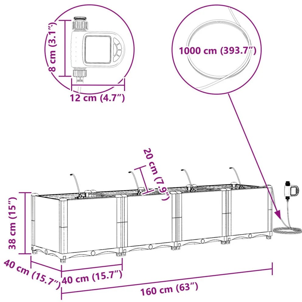 Kerti ültetők Fekete 160 x 40 x 37.5 cm Acél
