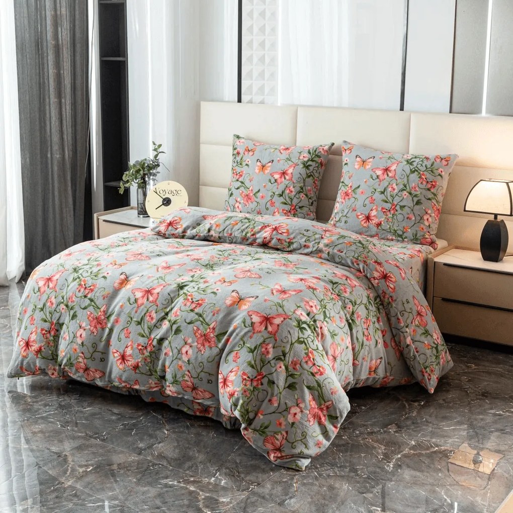 Mikroplüss ágyneműhuzat RÓZSASZÍN PILLANGÓ szürke Ágyneműhuzat mérete: 70 x 80 cm | 140 x 200 cm