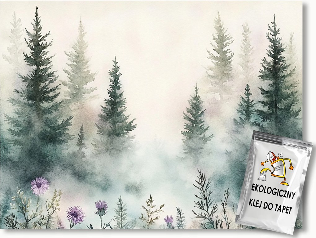 Fotótapéta Flizelina Erdő Fák Lucfenyő Köd Tisztás Bogáncs 254x184 ragasztó