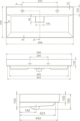 TMP TRIO 100D álló fürdőszobabútor - CeraStyle SHARP - 37600 DUPLA csaplyukas mosdóval - 100 x 48 cm