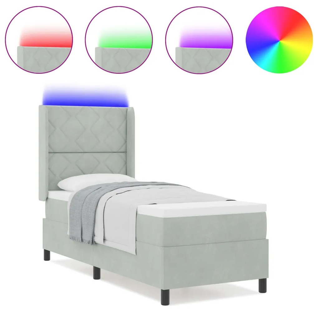 Box Spring Ágy Matraccal és LED Világosszürke 80x200 cm Bársony