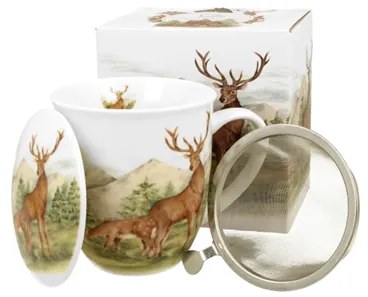 Porcelán szarvas mintás bögre tetővel fémszűrővel 400 ml dobozban Deer