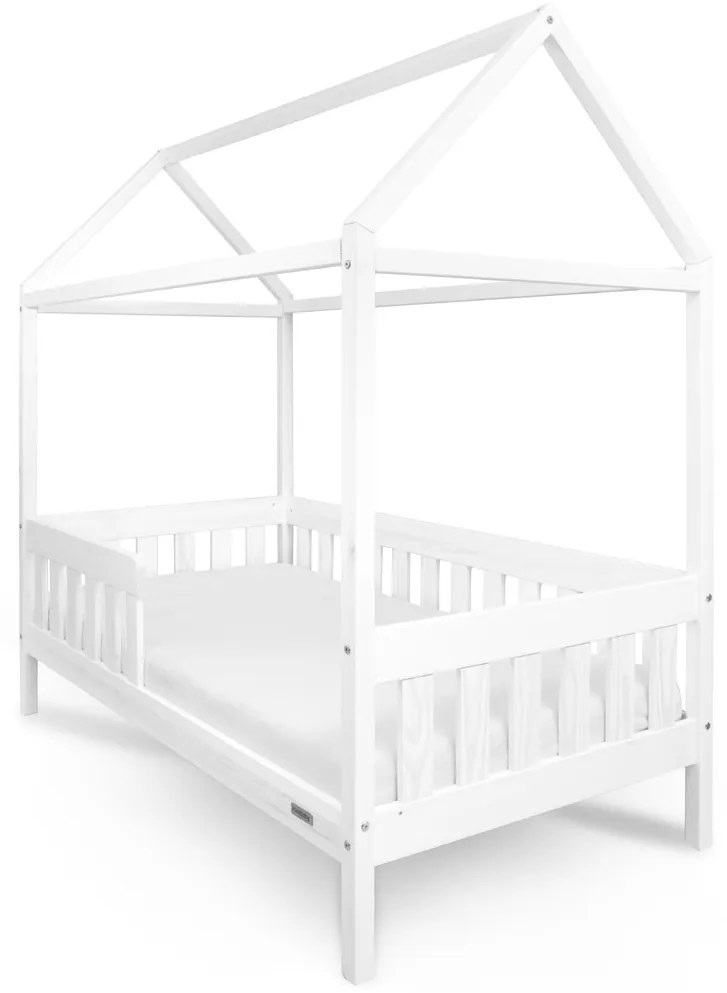 Gyermek ház alakú ágy korláttal és ágyráccsal New Baby CASTELLO 160x80 cm fehér