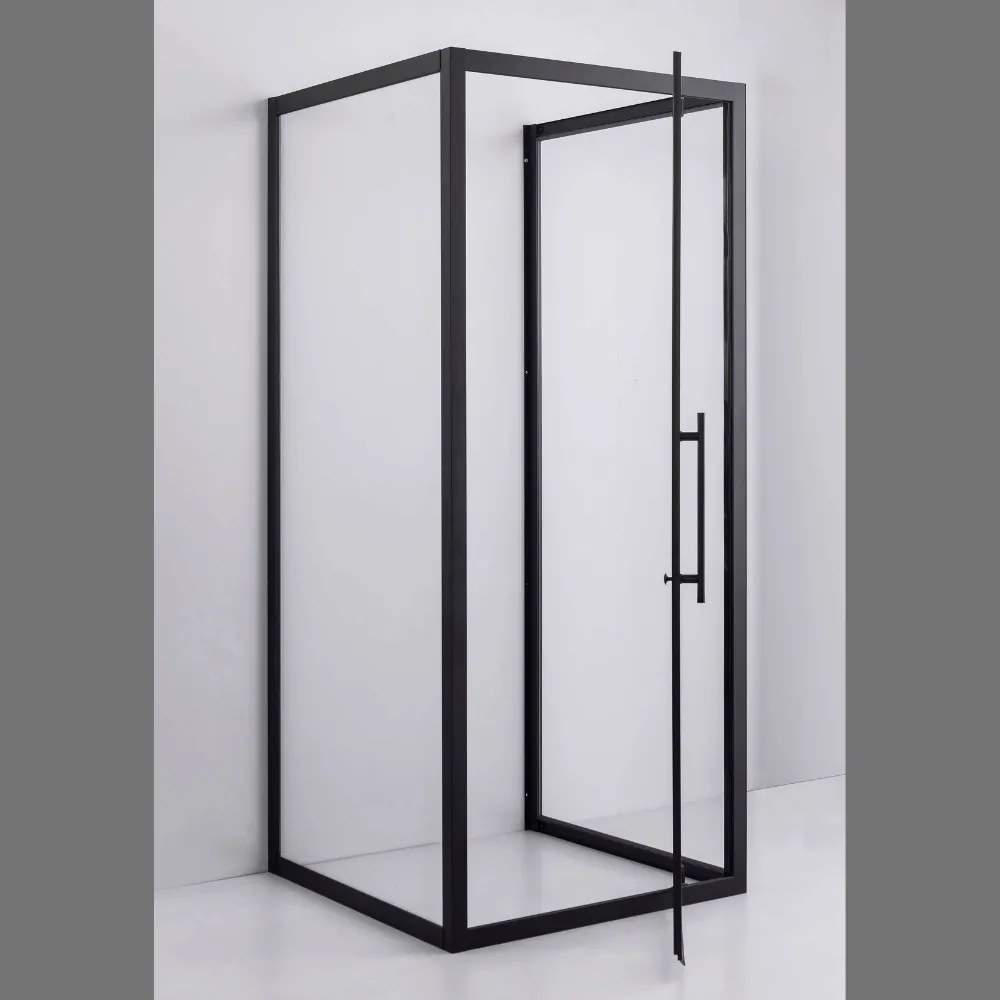 Stuxi Torino Black 90x90 falsíkra szerelhető 3 oldalú nyílóajtós zuhanykabin 6 mm vízlepergető biztonsági üveggel, fekete elemekkel, 200 cm magas