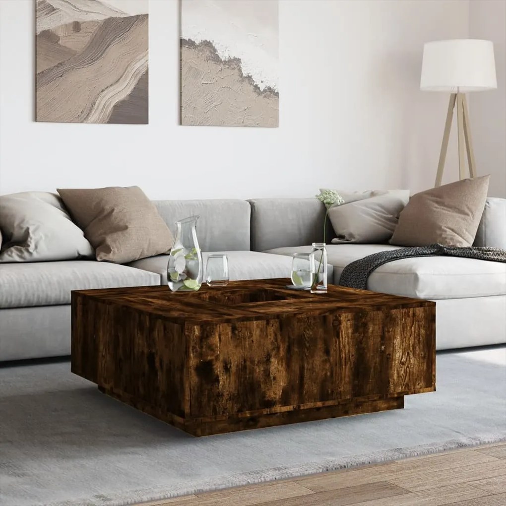 Füstös tölgy színű szerelt fa dohányzóasztal 100x100x40 cm