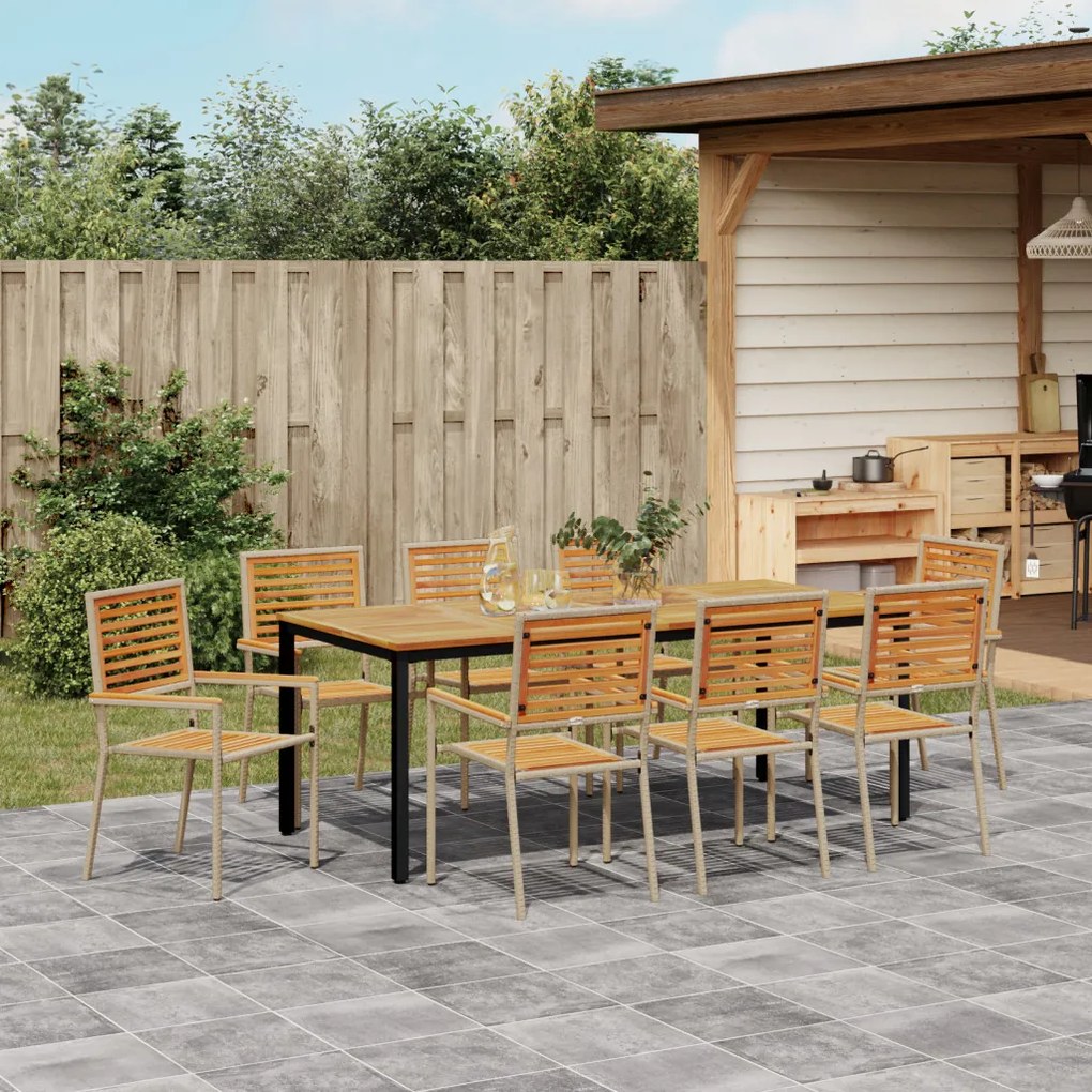 9 darabos kerti étkező garnitúra bézs poli rattan akáccal, Összecsukható kerti szék párnákkal - 2 db bézs poli rattanban, Kerti asztal 200x90x75 cm tömör akácfa és fém
