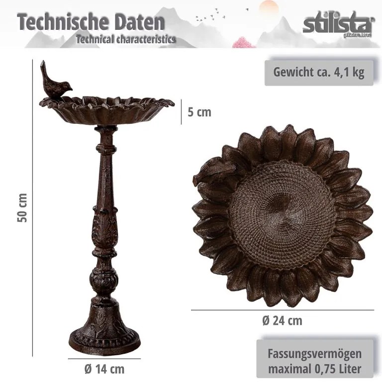 STILISTA Öntöttvas madáritató 50 x 24 cm antik barna