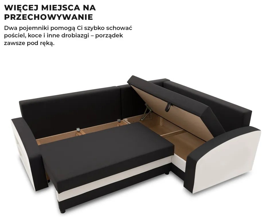 Grande sarokkanapé polcokkal , polc a bal karfaban, jobboldali, szövet anyag, bonell töltet, fekete - fehér