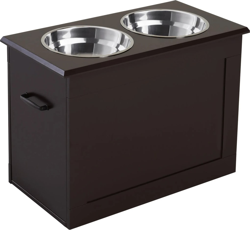 PawHut Magasító Etető Állvány Tárolóhellyel Vízforrással, 2 x 2000ml Rozsdamentes Acél Tálakkal, Kutya és Macska etetőállomás Espresso | Aosom