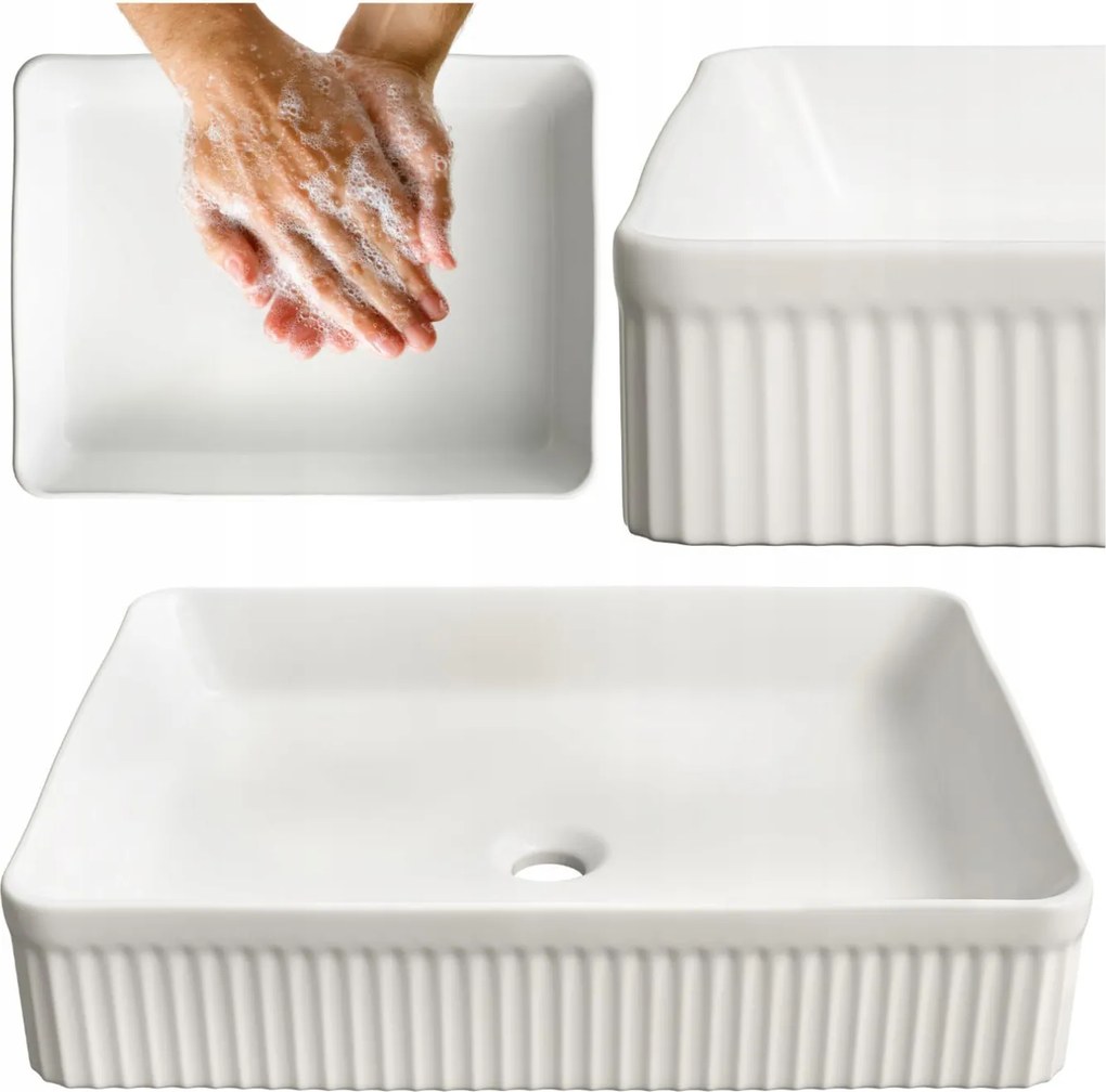Mosdókagyló pultra szerelhető kerámia mosogató Andrea fehér, Téglalap Alakú