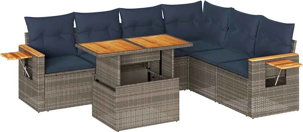 vidaXL 7 részes szürke polyrattan akácfa kerti ülőgarnitúra párnákkal