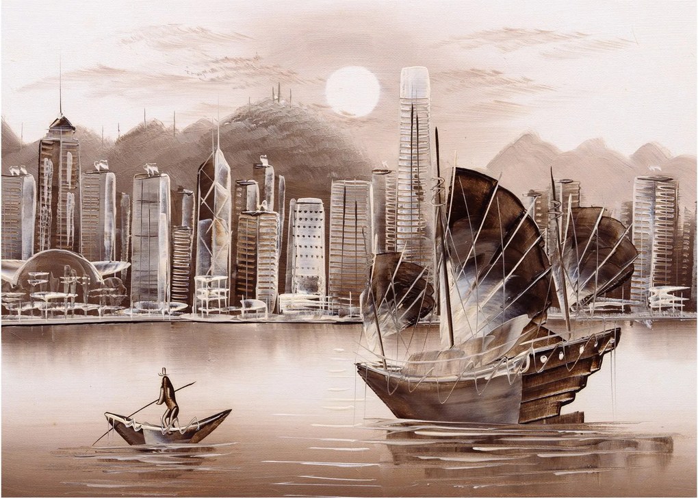 Kép - Victoria Harbour, Hong Kong, szépia hatás (70x50 cm)