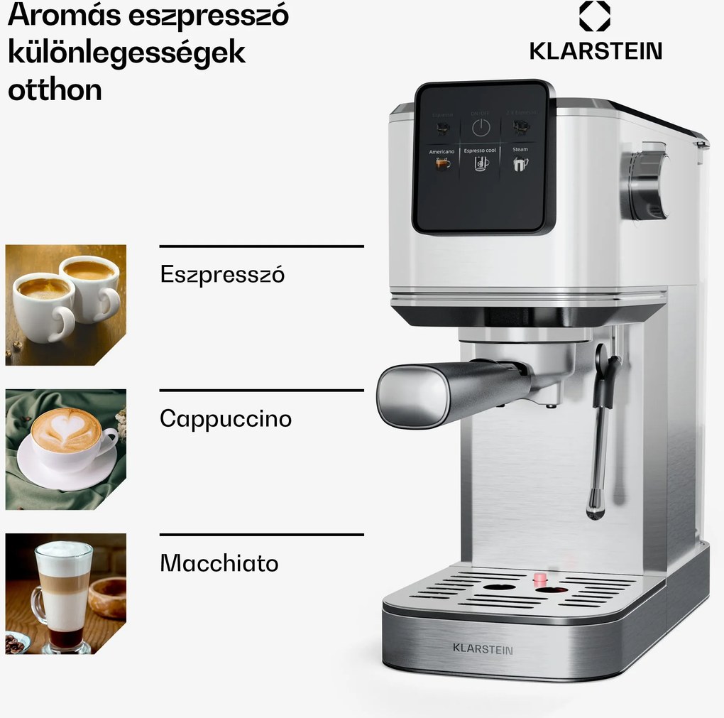 Klarstein SteelPresso Slim Touch kávéfőző, portafilter, érintőképernyő