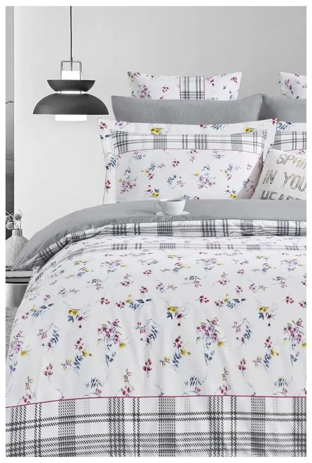 Fehér-szürke kétszemélyes hosszabbított négyrészes renforcé pamut ágyneműhuzat lepedővel 200x220 cm – Mila Home