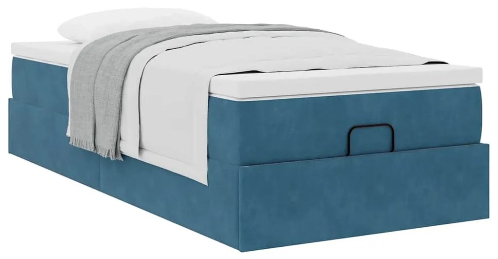 Ottomán ágykeret matraccal sötétkék 90x190cm bársony