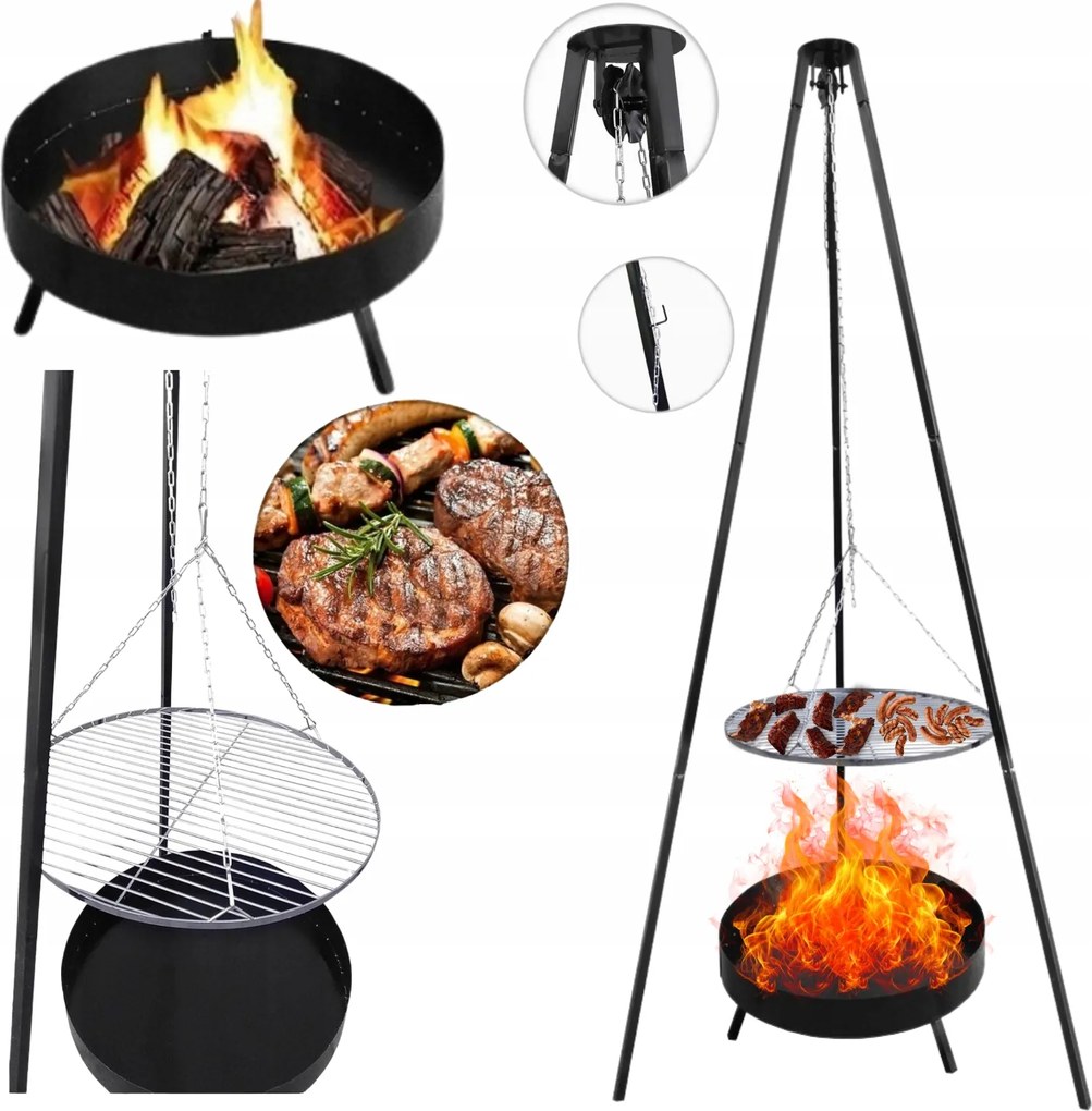 Kerti Szén Grill Stabil Háromlábú Tűztér 2 az 1-ben[160/46cm]