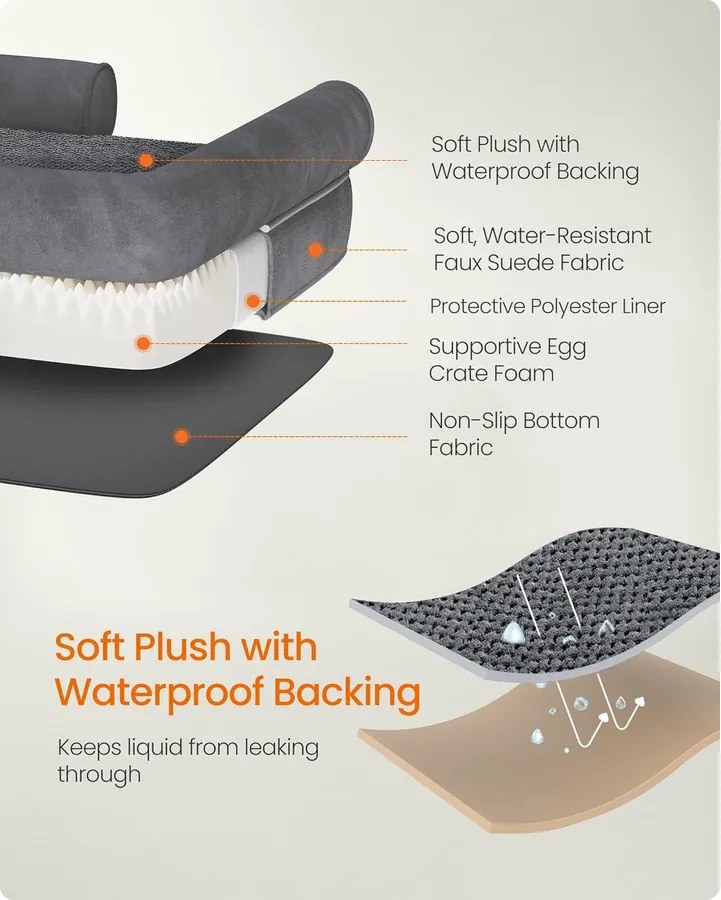 Ortopéd Kutyaágy, Oldalsó Párnás Kutyasofa, 106 x 76 x 18 cm, Csúszásmentes, Sötétszürke