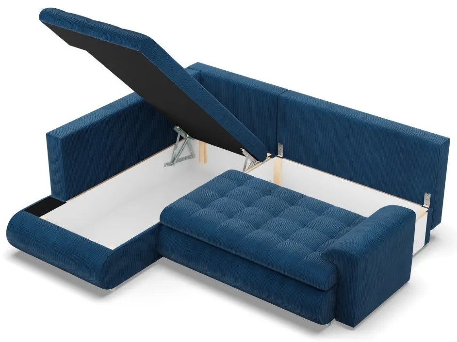 Tokio sarokkanapé, L alakú háttámlával, 2 ágyneműtartóval, kordbársony, baloldali, kék