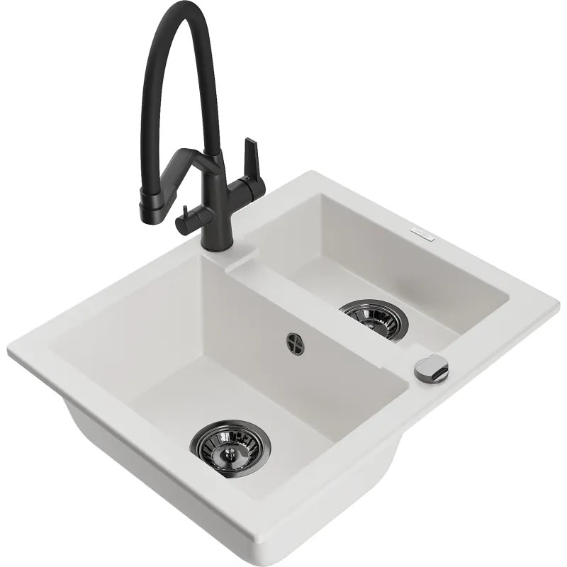 Mexen Carlos gránit mosogatótálca 1,5 rekeszes konyhai csapteleppel Duo, fehér - 6518-20-671701-70-B