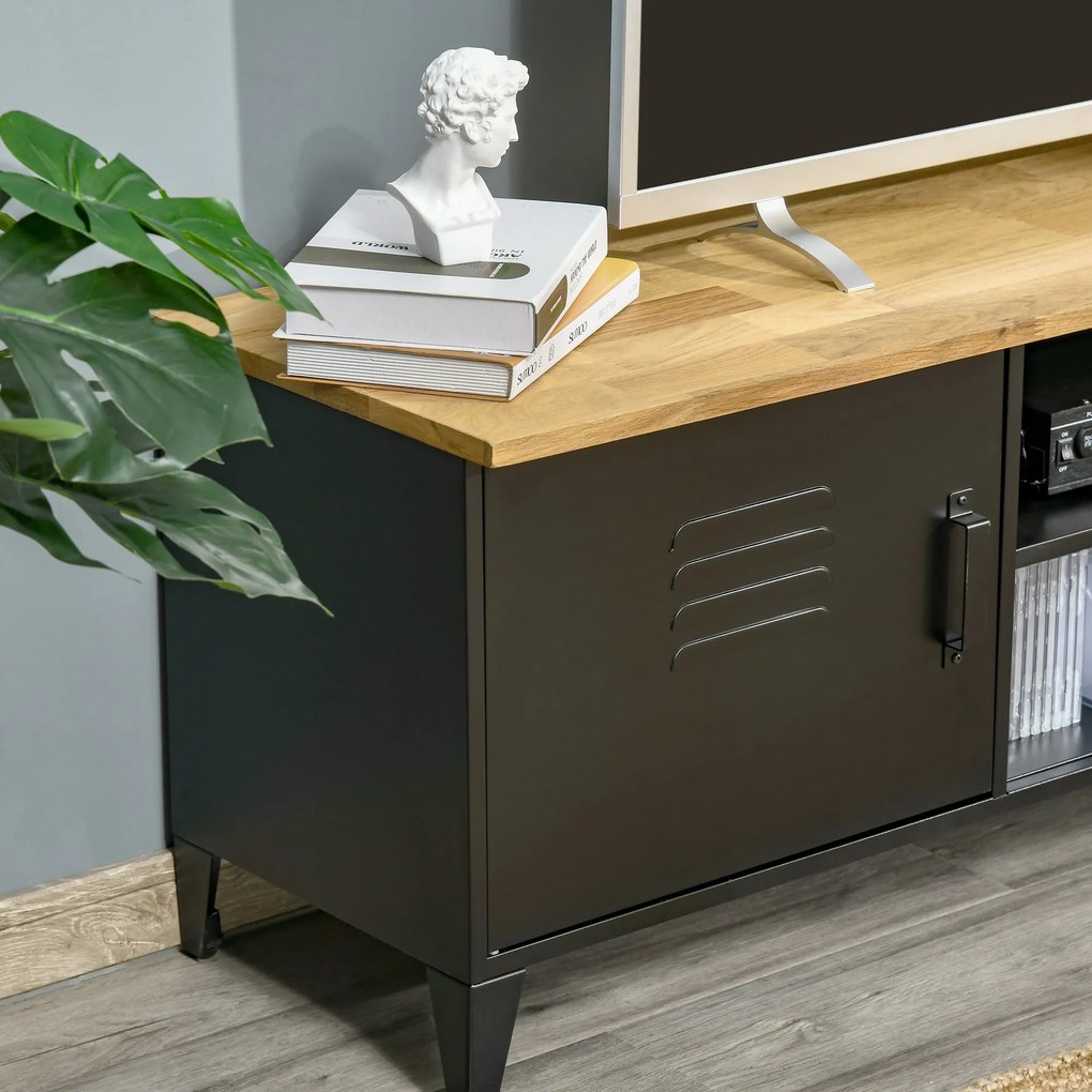HOMCOM TV Állvány 55'' TV-khez 2 Szekrénnyel és Állítható Lábbal, Fekete Fém Keret Természetes Fa Felülettel 150 x 40 x 50 cm | Aosom